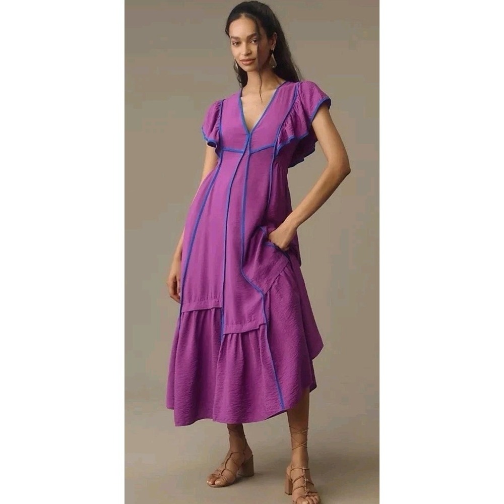 Anthropologie Mimi Flutter Sleeve Tipped Midi Dress Purple L Full Tiered Fuschia - Picture 2 of 10